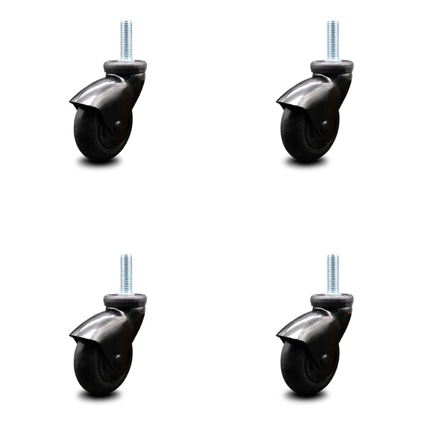 3 Inch Black Hooded Neoprene Rubber 3/8 Inch Threaded Stem Casters SCC, 4PK